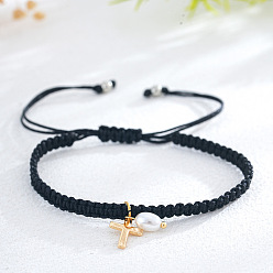 Черный Браслеты с подвесками из латуни и искусственного жемчуга, плетеные браслеты из полиэфирного шнура для женщин, овальные с листа, чёрные, 11.02 дюйм (28 см)