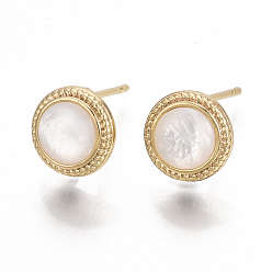 Real 18K Gold Plated Brass Earring Findings, with Shell and Loop, Flat Round, Nickel Free, Real 18K Gold Plated, 9mm, Hole: 0.9mm, Pin: 0.8mm