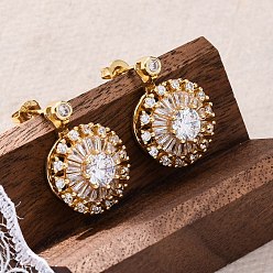 Золотой Серьги-гвоздики из латунного микро-паве, цветок, золотые, 21.5x16 мм