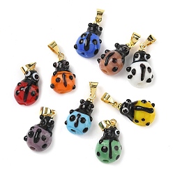 (52) Непрозрачная лаванда Подвески лэмпворк ручной работы, коровка, с реечной накладкой из латуни с золотистым напылением, долговечный, разноцветные, 17x9x6.5 мм, отверстие : 4.5x4 мм