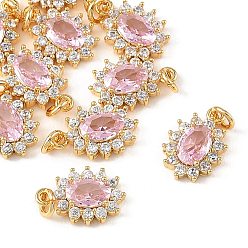 Pink SHEGRACE Brass Micro Pave Cubic Zirconia Pendants, Cadmium Free & Nickel Free & Lead Free, Flower Charms, Real 18K Gold Plated, Pink, 12x8x3mm, Jump Ring: 4x1mm, Inner Diameter: 2mm
