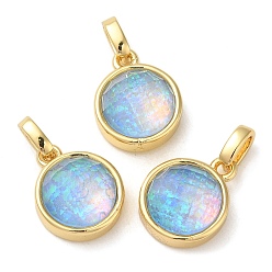 Light Sky Blue Rack Plating Brass with Synthetic Opal Pendants, Cadmium Free & Lead Free, Flat Round, Light Sky Blue, 14.5x11.5x6.5mm, Hole: 5mm