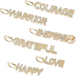 Golden Brass Micro Pave Clear Cubic Zirconia Pendants, with Word, Clear, Golden, 6.8x5.2x1.1cm, 6pcs/box