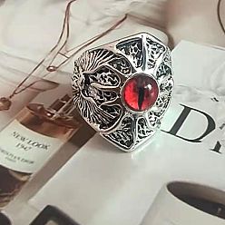 Red Hip-hop Style Zinc Alloy and Glass Finger Rings, Eagle Eye, Antique Silver, Red, Inner Diameter: 15~20mm