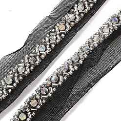 Noir Garnitures de dentelle de fleur de polyester, avec abs perles de perles d'imitation et de verre, noir, 3/8 pouces (11 mm)