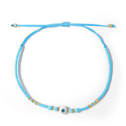 Небесно-голубой Браслеты из стеклянного бисера и плетеных из смолы бусин, Регулируемые браслеты из плетеной нейлоновой нити для женщин, злые глаза, голубой, 11.02 дюйм (28 см)