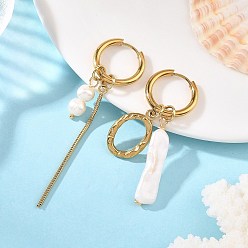 Golden 202 Stainless Steel Dangle Huggie Hoop Earrings, with Natural Pearl Beads and 304 Stainless Steel Oval Pendants, Golden, 52~71x18mm