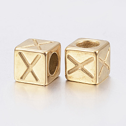 Golden 304 Stainless Steel Large Hole Letter European Beads, Horizontal Hole, Cube with Letter.X, Golden, 8x8x8mm, Hole: 5mm