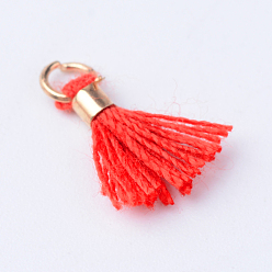 Mixed Color Polycotton(Polyester Cotton) Tassel Charms Decorations, Mini Tassel, with Unwelded Iron Jump Rings, Golden, Mixed Color, 10~16x2mm, Hole: 1.5mm