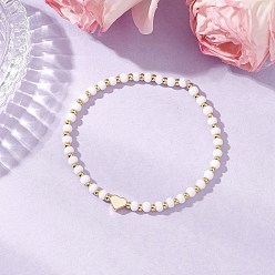 Сердце Стеклянные бусины растянуть браслеты, с золотыми латунными бисера, сердце, внутренний диаметр: 2-1/8 дюйм (5.4 см), Сердце из бисера: 6x7x3.5 мм
