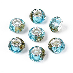 Голубой Прозрачные европейские бусины-рондель из смолы, с золотой фольгой и латунными двойными сердечниками серебристого тона, бусины с большим отверстием, голубой, 13.5~14x8.5~9 мм, отверстие : 4.8~5 мм