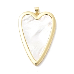 Сердце Природные подвески оболочки, геометрические подвески с латунной оправой, реальный 18 k позолоченный, долговечный, стойки покрытие, без свинца и без кадмия, цвет морской раковины, сердце, 44.5x30x3 мм, отверстие : 3x2.5 мм