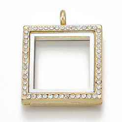 Golden Alloy Magnetic Locket Pendants, with Rhinestone and Glass, Square, Crystal, Golden, 36x29x7mm, Hole: 5mm, Inner Measure: 21x21mm