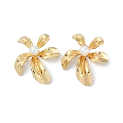 Настоящее золото 18K Ионное покрытие (ip) 304 серьги-гвоздики с цветком из нержавеющей стали, с пластиковой имитационной жемчужиной, реальный 18 k позолоченный, 32.5x27.5 мм