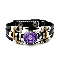 Mauve Imitation Leather Triple Lines Multi-strand Bracelets with Flat Round Links, Mauve, 8-1/8 inch(20.5cm)