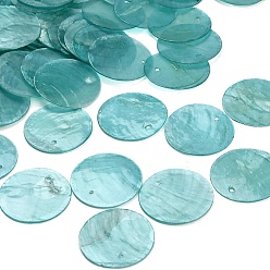 Cyan Foncé Pendentifs en coquillages de capiz naturels peints à la bombe, charmes de disque, dark cyan, 25x0.5~1mm, Trou: 1.2~1.4mm