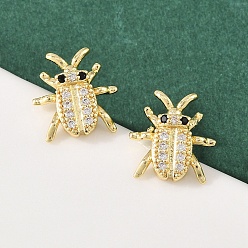 Beetle Серьги-гвоздики из латунного микро-паве, стойки покрытие, долговечный, без кадмия и без свинца, реальный 18 k позолоченный, жук, 11x10.5 мм