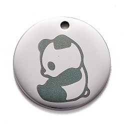 Stainless Steel Color Non-Tarnish Stainless Steel Pendants, Manual Polishing, Flat Round with Panda, Stainless Steel Color, 20x1.4mm, Hole: 1.6mm