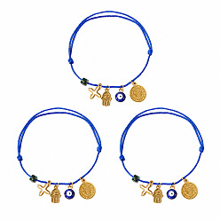 Blue Religion 304 Stainless Steel Cross Hamsa Hand Evil Eye Charm Bracelet Sets, Adjustable Stackable Cord Bracelets with Cube Dyed Natural Imperial Jasper Beads, Golden, Blue, 11.02 inch(28cm), 3pcs/set