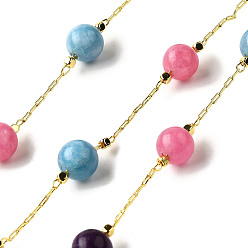 Белый Нефрит Круглые цепочки из бусин из натурального окрашенного белого нефрита ручной работы, пайки, с реечной обшивкой латунными выводами, долговечный, без свинца и без кадмия, с катушкой, реальный 18 k позолоченный, 6 мм