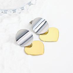 Платиновый & Золотой Латунные качают серьги, двухцветный плоский круглый с сердцем, платиной и золотом, 40x25.5 мм