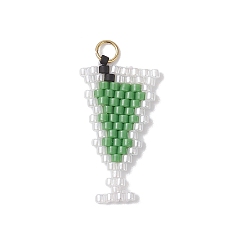 Зеленый Стеклянные подвески из бисера, коктейль, с 304 кольцами из нержавеющей стали, реальный 18 k позолоченный, зелёные, 24x12.5x1.7 мм, отверстие : 2.8 мм