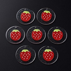 Red Cellulose Acetate(Resin) Pendants, with Glitter Powder, Flat Round with Strawberry, Red, 30x4~4.5mm, Hole: 1.4mm