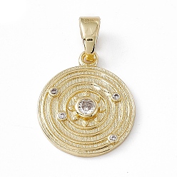 Real 18K Gold Plated Rack Plating Brass Cubic Zirconia Pendants, Flat Round with Solar System Charm, Long-Lasting Plated, Lead Free & Cadmium Free, Real 18K Gold Plated, 20x17x2.6mm, Hole: 6.5x4mm
