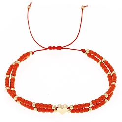 Красный Стеклянные плетеные браслеты из бисера, регулируемый браслет из латуни в форме сердца, красные, 6-1/4~10-1/4 дюйм (16~26 см)