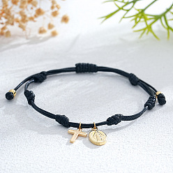 Черный Латунь шарм браслеты, регулируемые плетеные браслеты из нейлонового шнура для женщин, крест и овал с девой марией, золотые, чёрные, регулируемый