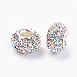 Crystal AB Grade A Rhinestone European Beads, Large Hole Beads, Resin, with Silver Color Plated Brass Core, Rondelle, Crystal AB, 12x8mm, Hole: 4mm