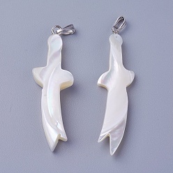 Shell Shell Pendants, with Brass Findings, Knife, Platinum, 44~46x11.5~14x3.5~5mm, Hole: 1.5~2.5x5~6mm