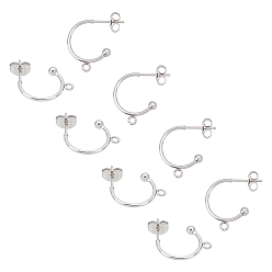 Stainless Steel Color 304 Stainless Steel Stud Earring Findings, Half Hoop Earrings, with Loop and Ear Nuts/Earring Backs, Stainless Steel Color, 18x19x3mm, Hole: 1.6mm, Pin: 0.8mm, 30pcs/Box