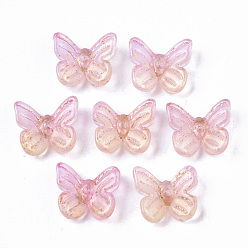 Pearl Pink Two Tone Transparent Spray Painted Glass Charms, with Golden Foil, Butterfly, Pearl Pink, 7x11x3mm, Hole: 1.2mm