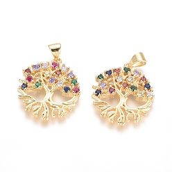 Золотой Латунные микро проложить кубического циркония подвески, долговечный, древо жизни, красочный, золотые, 23x20x3 мм, отверстие : 5x3 мм