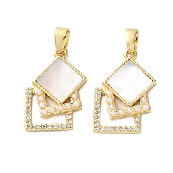 Настоящее золото 18K Латунные микро проложить кубического циркония подвески, с ракушкой и жемчужиной из АБС-пластика, ромб прелести, стойки покрытие, прочное покрытие, без кадмия и без свинца, реальный 18 k позолоченный, 23x15x2.5 мм, отверстие : 6x3 мм