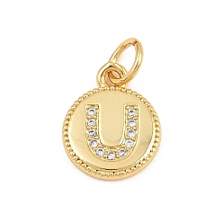 Letter U Breloques en laiton zircon cubique transparent, rond plat avec breloques en forme de lettre, plaqué longue durée, sans plomb et sans cadmium, crémaillère plaquage, réel 18 k plaqué or, lettre u, 12.5x10x1.5mm, Trou: 3mm