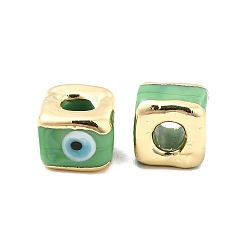 Dunkles Seegrün Messing Emaille-Perlen, langlebig überzogen, echt 18 k vergoldet, Quadrat mit Muster des bösen Blicks, dunkles Seegrün, 10~12x10~12x8~9 mm, Bohrung: 4~4.5 mm