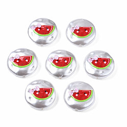 Red 3D Printed ABS Plastic Imitation Pearl Beads, Flat Round with Watermelon, Red, 16x5mm, Hole: 0.9mm