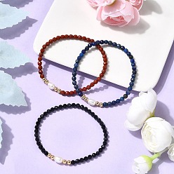 Смешанные камни 3шт. браслеты из натуральных и синтетических круглых бусин из смешанных драгоценных камней для мужчин и женщин, с латунью и натуральным культивированным пресноводным жемчугом, внутренний диаметр: 2-1/4 дюйм (5.7 см)