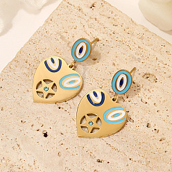Golden Titanium Steel Heart Dangle Stud Earrings, Enamel Evil Eye Drop Earrings with Cubic Zirconia, Golden, 29.5x17.5mm