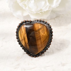 Tiger Eye Natural Tiger Eye Cuff Open Rings, Heart, Brass Rings, Red Copper, 35.5x35.5mm, US Size 8 1/2(18.5mm)