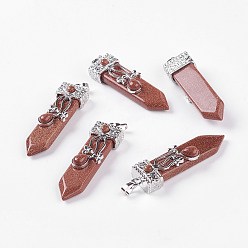 Камень с Пылевым Золотом Синтетические голдстоуновские большие подвески, со сплавочной фурнитурой, стрелка, платина, 56~58x16x10 мм, отверстие : 5x7 мм