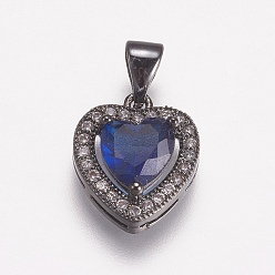 Черный Цвет Металла Латунные микро проложить кубического циркония прелести, сердце, Marine Blue, металлический черный , 14x12x5 мм, отверстие : 3x5 мм