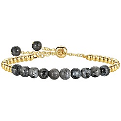 Larvikite Natural Larvikite 304 Stainless Steel Round Beaded Adjustable Slider Bracelets for Men Women, Real 18K Gold Plated, 6.30 inch(16cm)