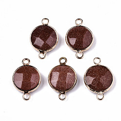 Камень с Пылевым Золотом Соединители Goldstone Links, с легкой позолоченной латунной фурнитурой, граненые, плоско-круглые, 23~24x15~15x5~6 мм, отверстие : 2 мм