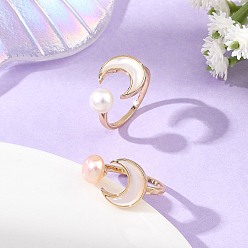 Настоящее золото 18K Открытые кольца-манжеты с натуральным культивированным пресноводным жемчугом, луна, латунные кольца для женщин, реальный 18 k позолоченный, 17 мм, о 2 шт / комплект