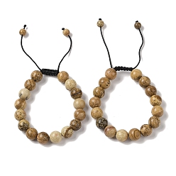 Пейзажный Джаспер 10Мм круглые браслеты из плетеных бусин из натуральной яшмы с изображением, регулируемые браслеты из нейлонового шнура для женщин и мужчин, внутренний диаметр: 1-3/4~2-7/8 дюйм (4.6~7.4 см)