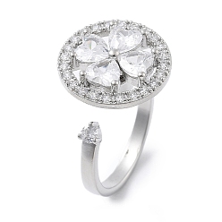 Платина Вращающиеся открытые манжетные кольца для женщин, латунные кольца-спиннеры с микро-паве и прозрачным кубическим цирконием, плоские круглые с клевером, платина, внутренний диаметр: американский размер 7 1/4 (17.5 мм)