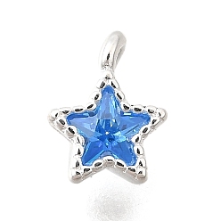 Озёрно--синий 925 подвески из стерлингового серебра с кубическим цирконием., звезда, Плут синий, 6x4.5x2 мм, отверстие : 1.1 мм